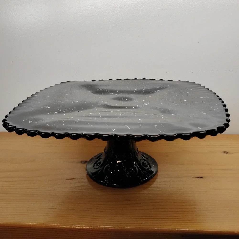 Vintage L E Smith Black Amethyst Glass Square Cake Stand Pedestal‎ White Drizzle